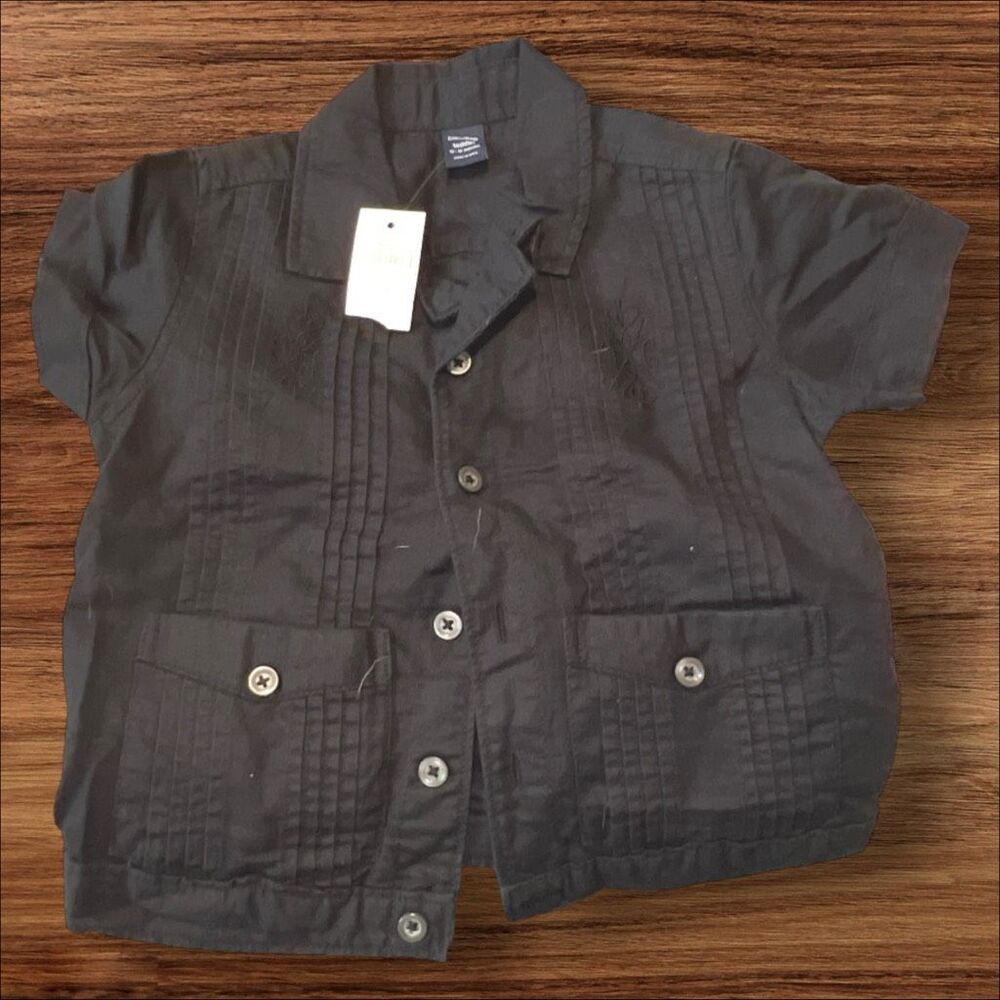 ☑️ Baby Gap Black Linen Blend Guayabera Button Shirt 12-18 Months